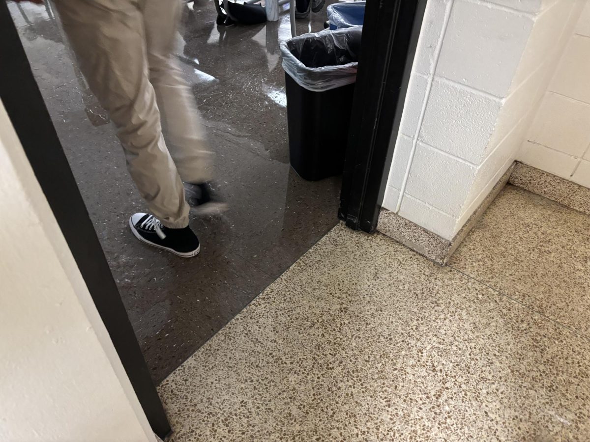When it rains, water collects in Room A110, sometimes forcing students to another area of the building. 